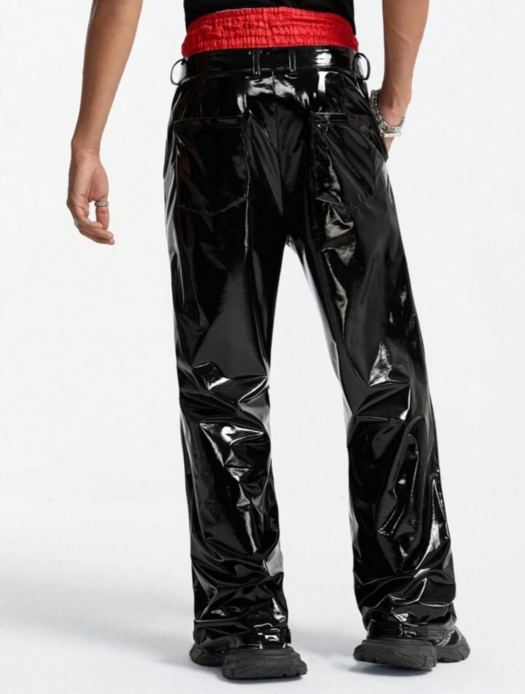 Men's Black Patent Leather Wide-Leg Pants – Glossy Streetwear Statement Trousers